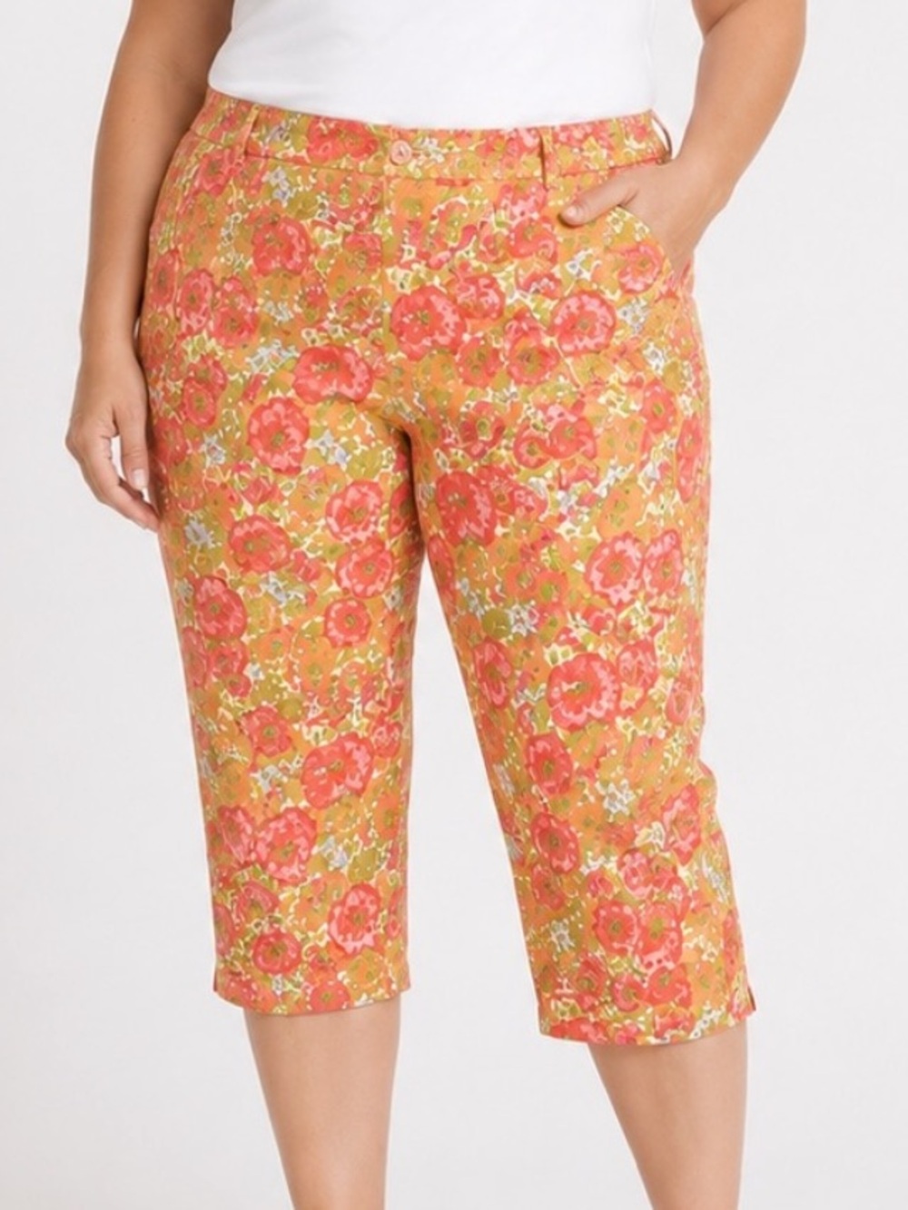 Floral Capri Pants Coral Pink Mustard Liz Claiborne 100% Cotton Petite 14P